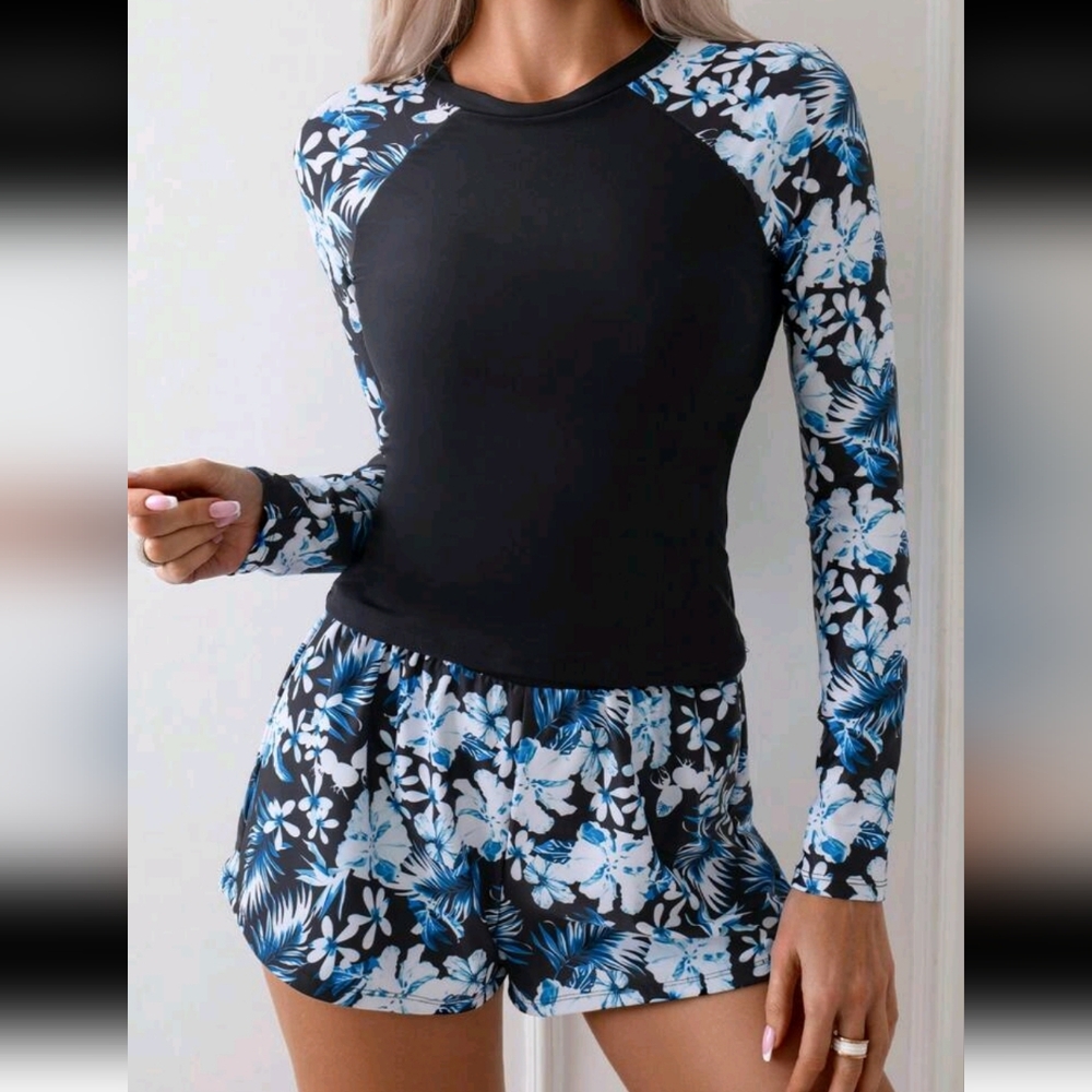 Tropical Print Raglan Long Sleeve Swimsuit